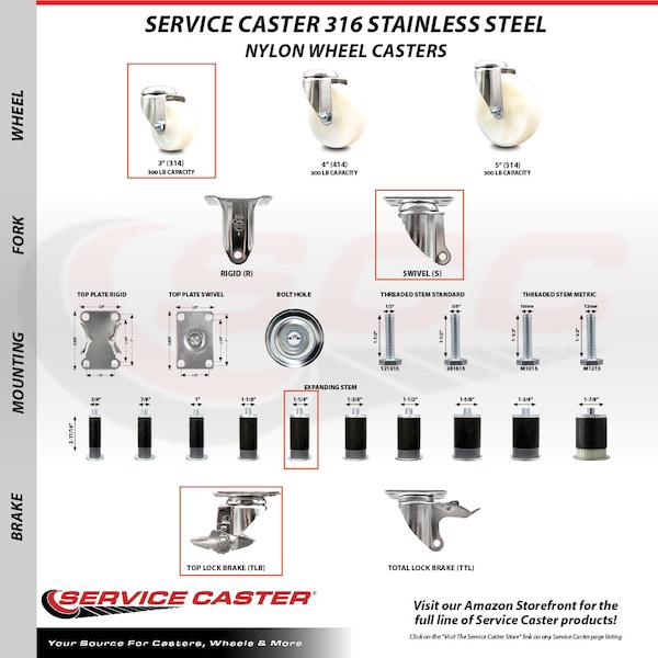 3 Inch 316SS Nylon Wheel Swivel 1-1/4 Inch Expanding Stem Caster with Brake SCC
